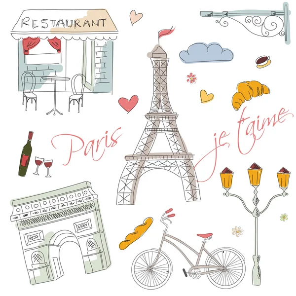 Símbolos de Paris, cartão postal, desenhado à mão — Vetor de Stock