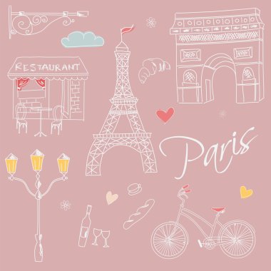 Paris sembolleri, kartpostal, elle çizilmiş