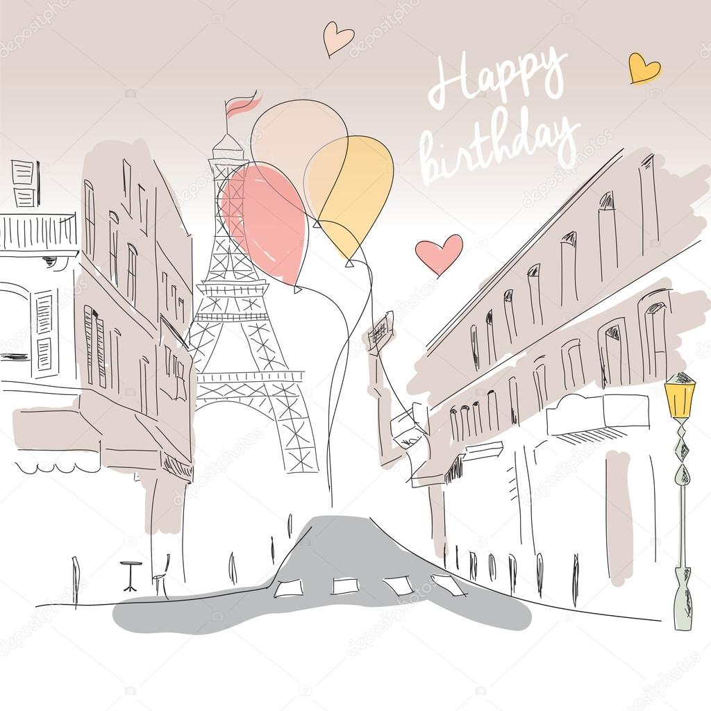 Happy birthday card from Paris street, Eiffel tower and balloons, hand drawn