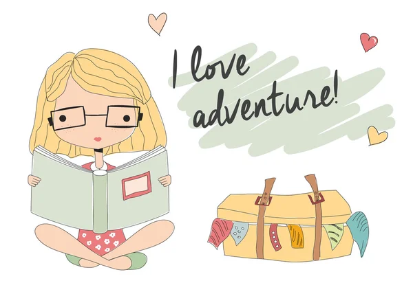 Chica joven con gafas leyendo un libro, maleta llena — Vector de stock