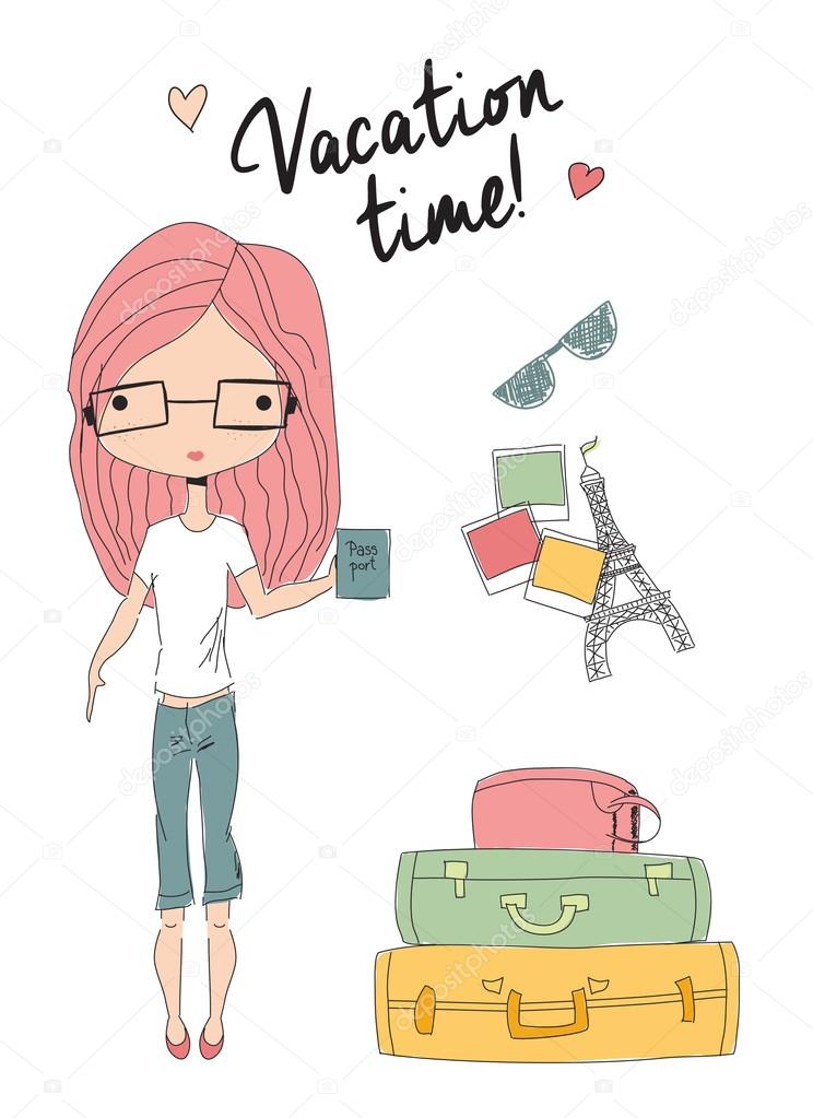 Girl holding a passport standing next to suitcases, ready for vacation
