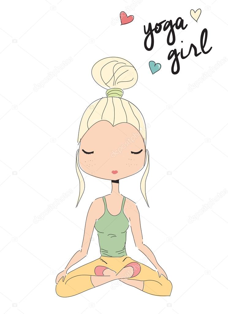 Yoga girl sitting in lotus pose, hand drawn