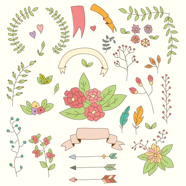 Flores vintage dibujadas a mano y elementos florales para bodas, San Valentín, cumpleaños y días festivos, ilustración vectorial — Archivo Imágenes Vectoriales