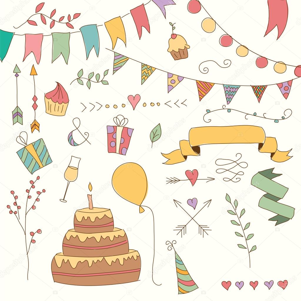 Hand drawn vintage birthday design elements, flowers and floral elements, vector illustration