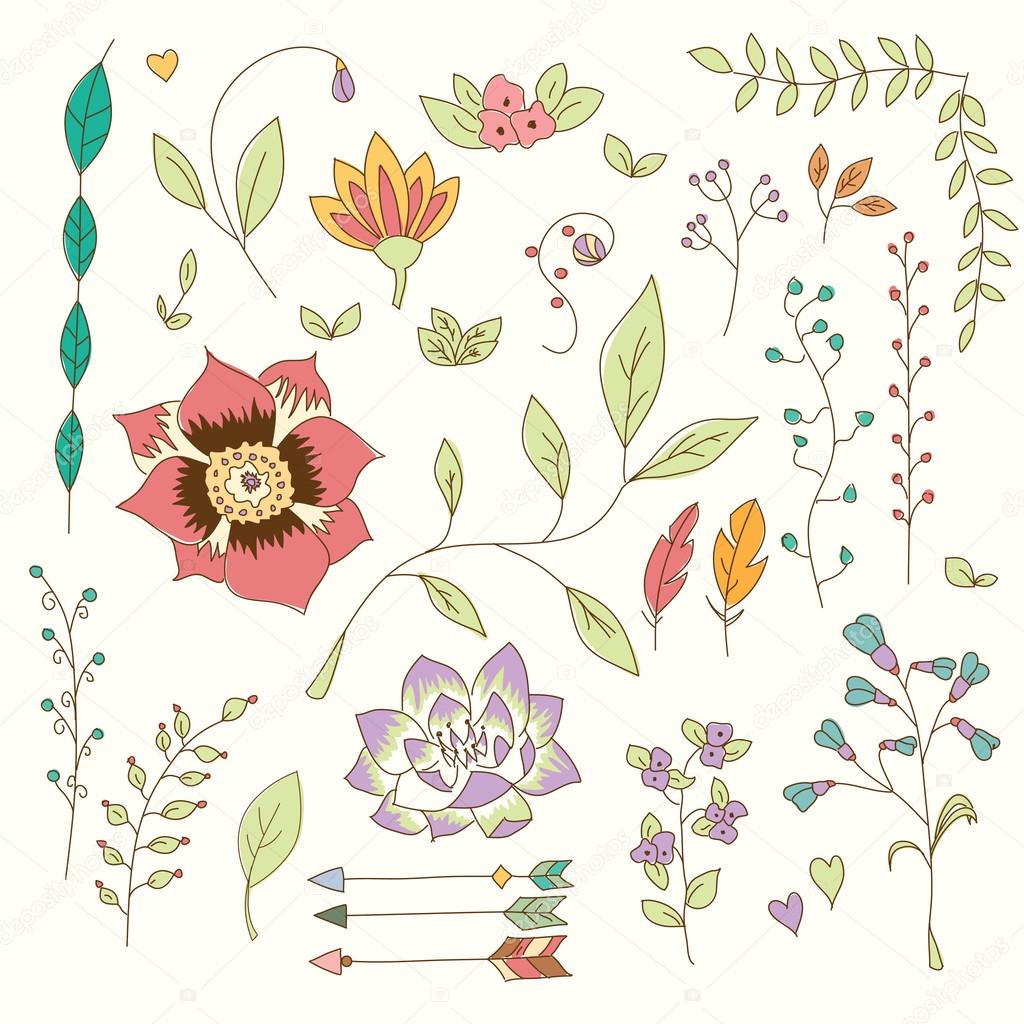 Hand drawn vintage flowers and floral elements for weddings, Valentines day, birthdays and holidays, vector illustration