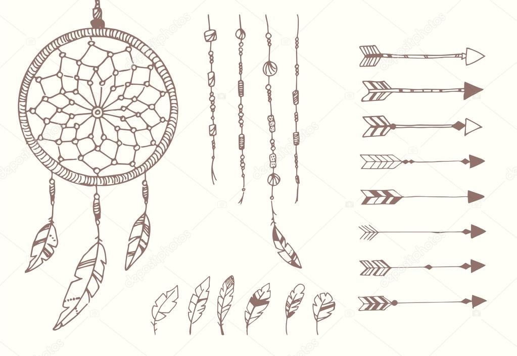 Hand drawn native american feathers, dream catcher, beads and arrows