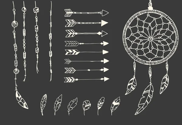 Hand drawn native american feathers, dream catcher, beads and arrows Royalty Free Stock Illustrations