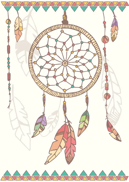 Hand drawn native american dream catcher, beads and feathers — Stock Vector