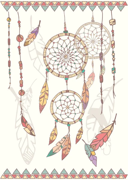 Hand getekend native american dream catcher, kralen en veren — Stockvector