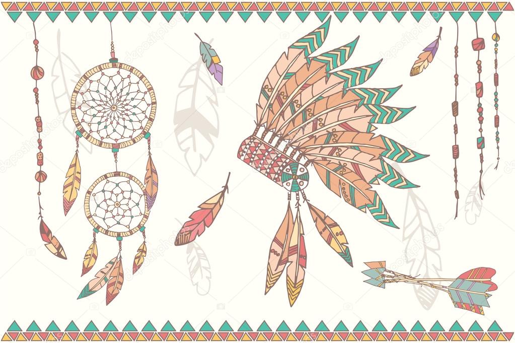 Hand drawn native american dream catcher, beads and feathers