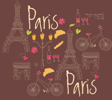 Paris sembolleri, kartpostal, elle çizilmiş