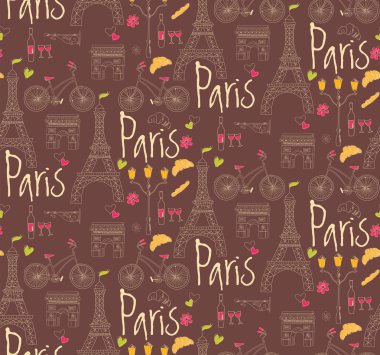 Paris sembolleri, kartpostal, seamless modeli, elle çizilmiş