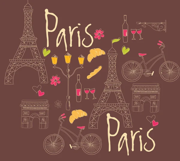 Symboly Paříže, pohlednice, ručně kreslenou — Stockový vektor