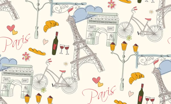 Paris symbols, postcard, seamless pattern, hand drawn — Stock Vector