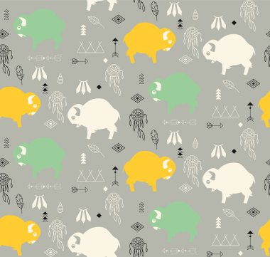 Seamless pattern with cute baby buffaloes and native American sy