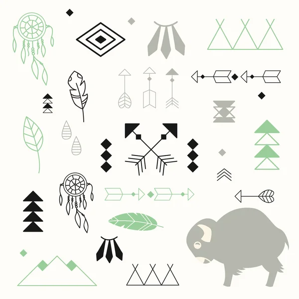 Collection of native American symbols with cute baby buffalo — Stock Vector