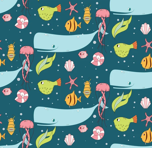 Modèle sans couture avec scène sous-marine, poisson, baleine, méduses — Image vectorielle