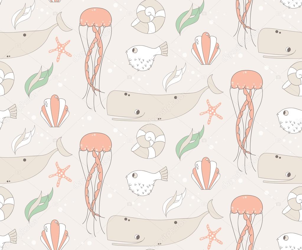 Seamless pattern with underwater scene, fish, whale, jelly fish