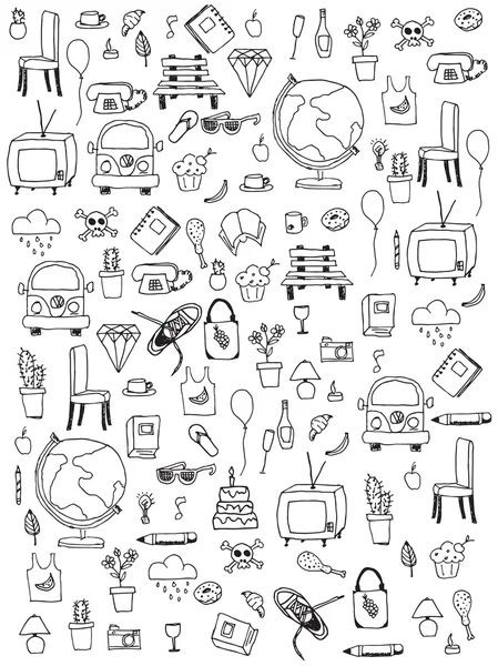 Everyday things, handdrawn, black and white — Stock Vector