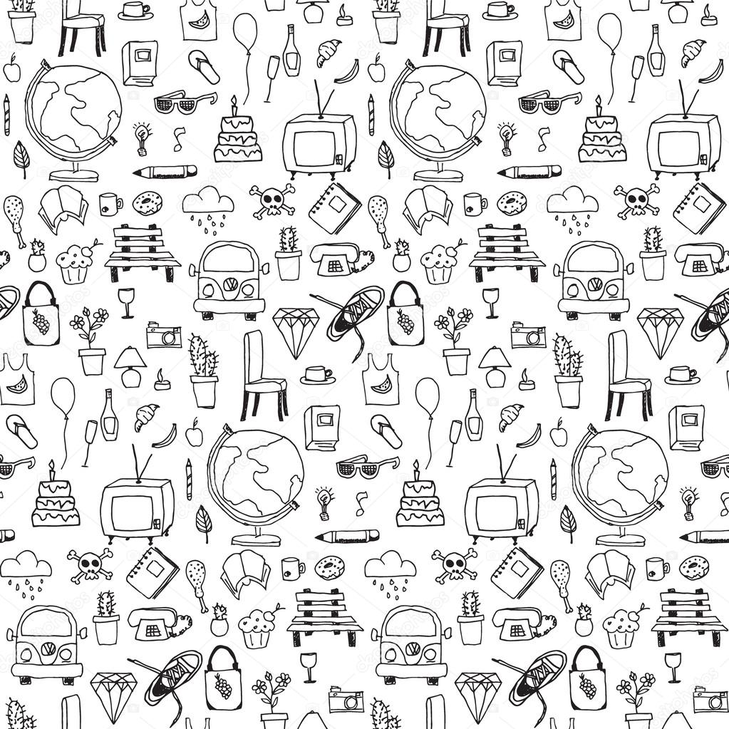 Everyday things, handdrawn, black and white, seamless pattern