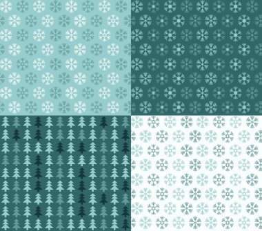 Four seamless Christmas patterns with snowflakes and trees