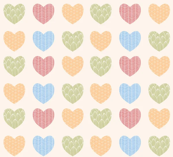 Seamless pattern with ornamental heart shaped symbols, line draw — ストックベクタ