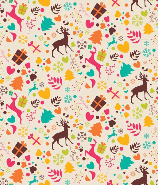 Nahtlose Muster mit Weihnachtsbäumen, Rentieren, Geschenkschachteln und — Stockvektor