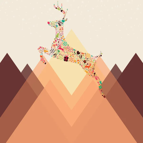 Ornamental Christmas reindeer and mountains — Stock Vector