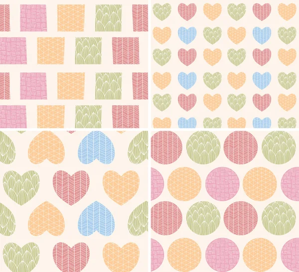 Four seamless patterns with ornamental line drawings, hearts, sq — Stock Vector