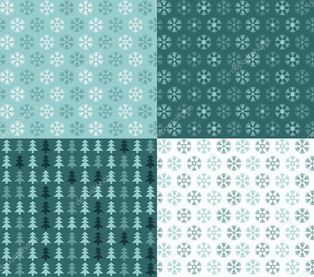 Four seamless Christmas patterns with snowflakes and trees