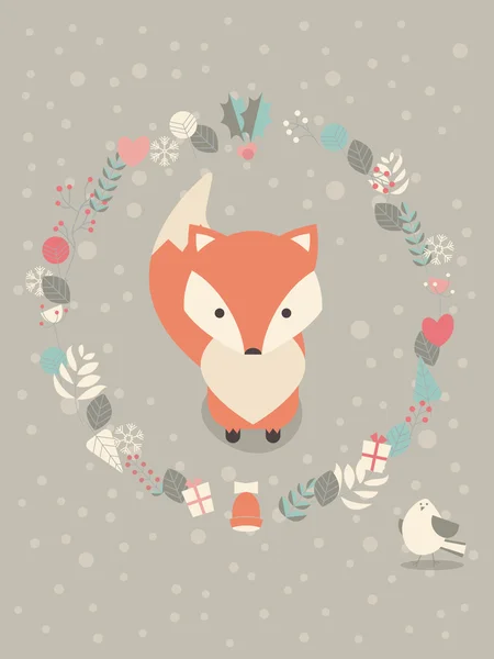 Lindo zorro bebé de Navidad rodeado de decoración floral — Vector de stock