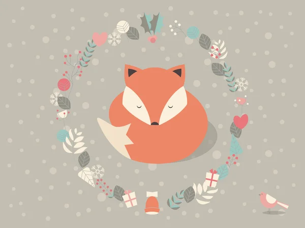 Schattig slaperig Kerstmis fox surounded met florale decoratie, vect — Stockvector