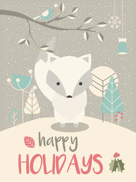 Cute Arctic Christmas baby fox surounded with floral decoration — Stock Vector
