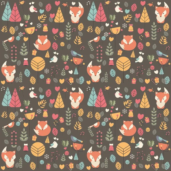 Bezešvé pattern s roztomilý Christmas baby fox obklopený fl — Stockový vektor