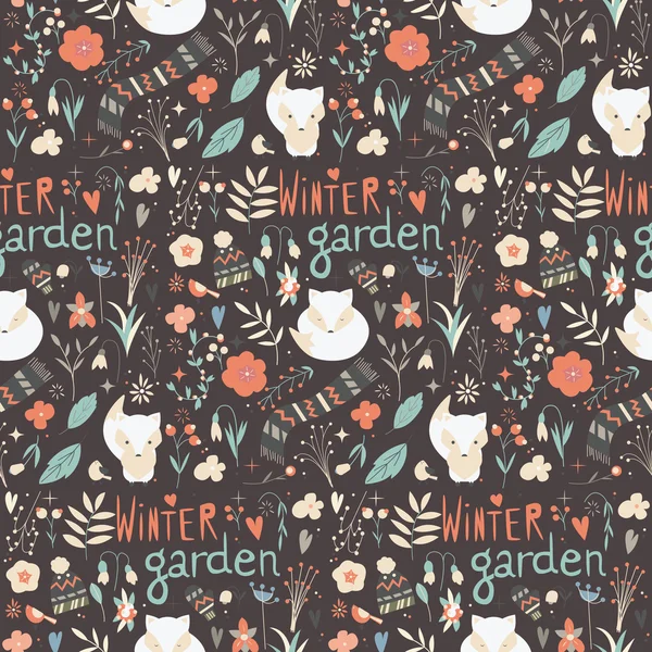 Bezešvé pattern se zimní zahradou květiny, lišky a šátek, ha — Stockový vektor