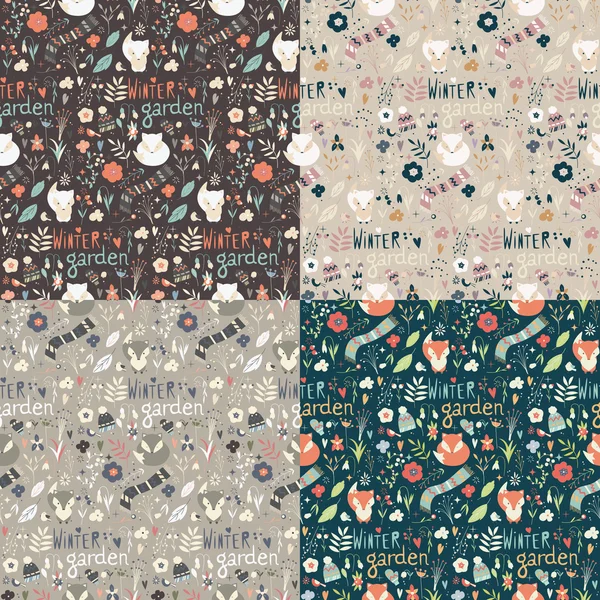 Collection of four seamless patterns with winter garden flowers, — Stock Vector