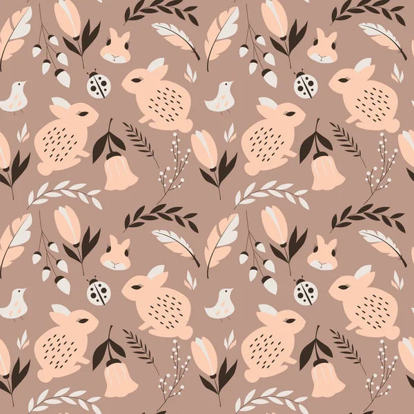 Nahtloses Muster mit Kaninchen, Marienkäfern, Vögeln und Blumen — Stockvektor