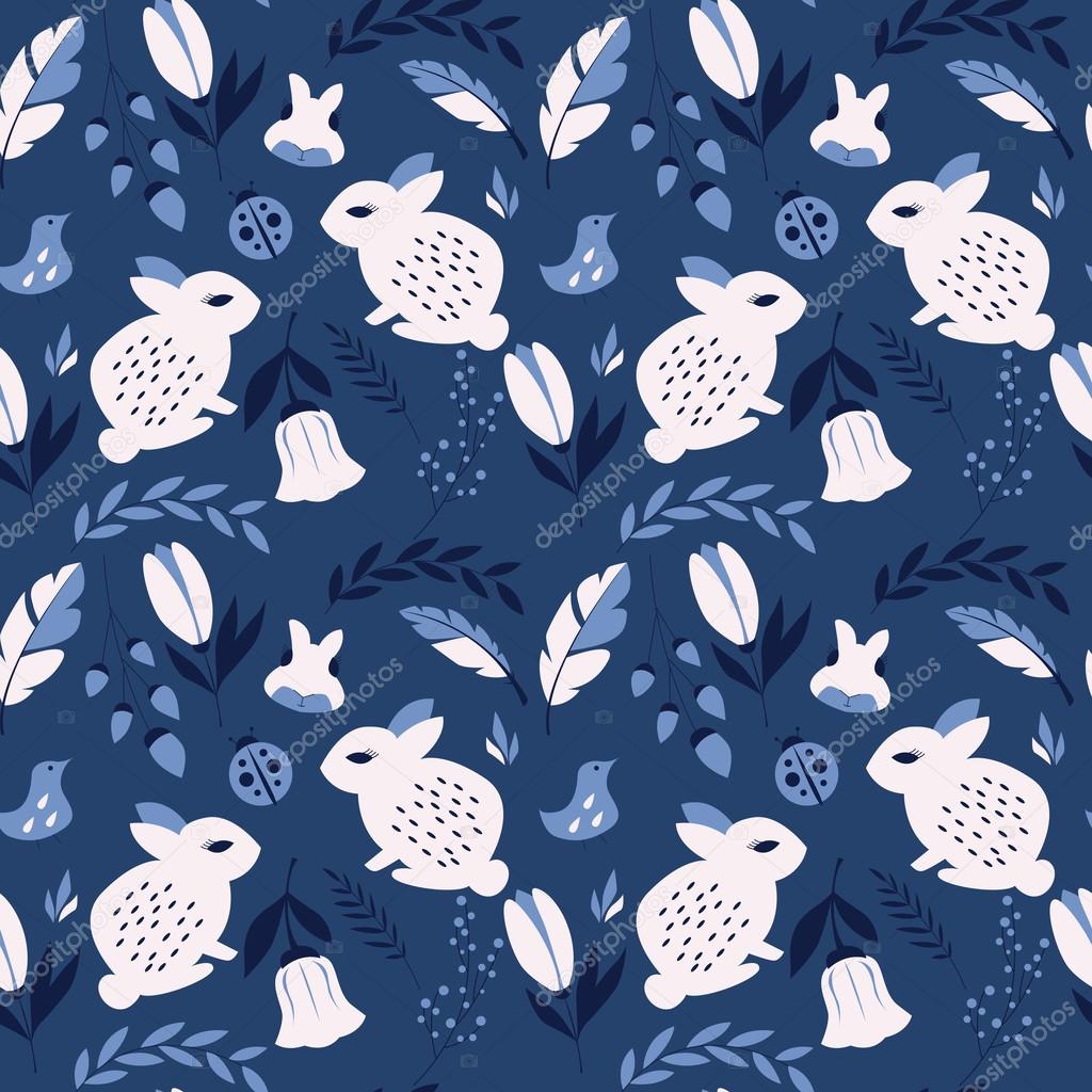 Seamless pattern with rabbits, lady bugs, birds and flowers