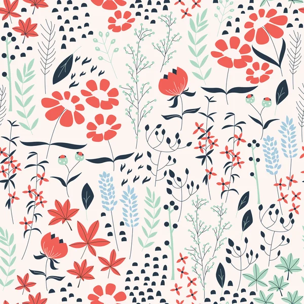 Design de padrão sem costura com flores desenhadas à mão e elementos florais, ilustração vetorial — Vetor de Stock