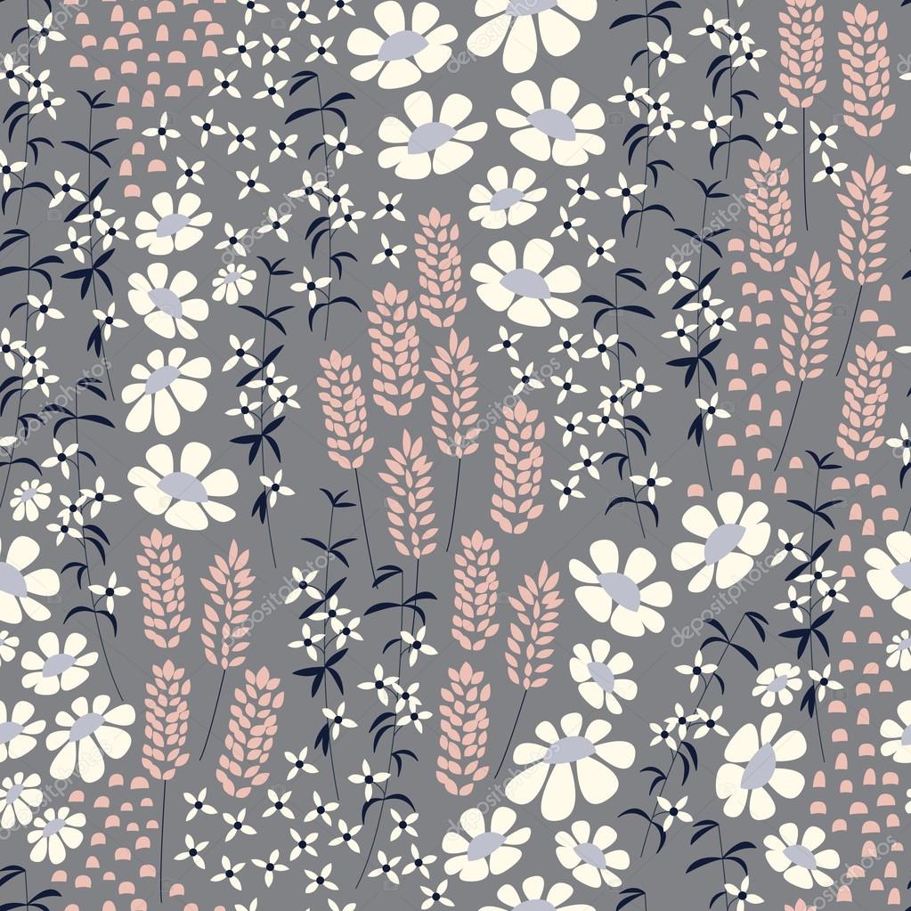 Seamless pattern design with hand drawn flowers and floral elements, vector illustration