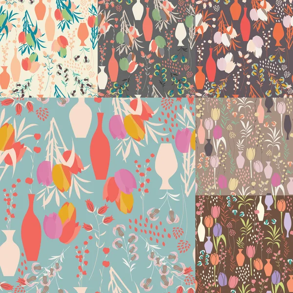 Coleção de sete padrões sem costura vetorial com elemento floral — Vetor de Stock