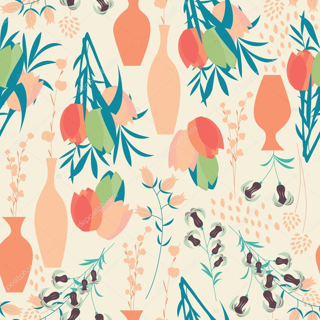 Vector seamless pattern with floral elements, spring flowers, tu