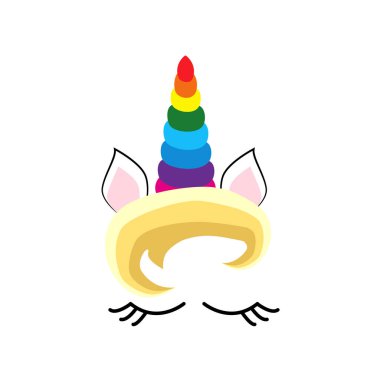 Mutlu tek boynuzlu at suratı. El çizimi stili. Doğum günü dekorasyon teması illüstrasyonu