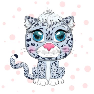 Çizgi film kar leoparı ve anlamlı gözleri var. Vahşi hayvanlar, karakter, çocuksu şirin bir tarz.