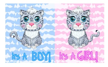 Tatlı kız ve oğlanla bebek partisi tebrik kartı. Çizgi film karakteri kar leoparı çifti, anlamlı gözleri var. Leopar karı, irbis.