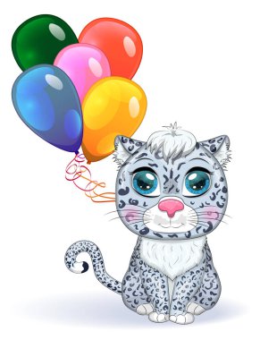Çizgi film kar leoparı, balonlu anlamlı gözleri, tatil konsepti, doğum günü. Vahşi, nadir hayvanlar, karakter, çocukların şirin tarzı..