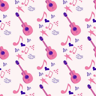 Country gitarı, notaları, kalpleri, dekoratif unsurları olan kusursuz bir müzik düzeni.