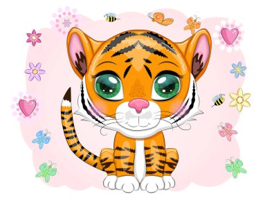 Güzel gözleri olan sevimli çizgi film kaplanı, çiçekler, kalpler, tebrik kartları arasında turuncu, parlak..