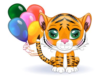 Güzel gözleri olan sevimli çizgi film kaplanı, çiçekler, kalpler, tebrik kartları arasında turuncu, parlak..