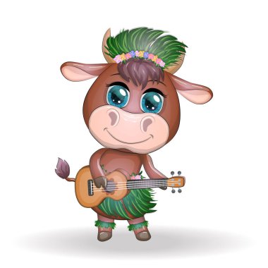 Tatlı çizgi film boğası, güzel gözlü inek, Hawaii hula dansçısı karakterli gitar çalan yapraklar, çiçekler. Tropikal Yeni Yıl Çinli şirin boğa maskotu 2021